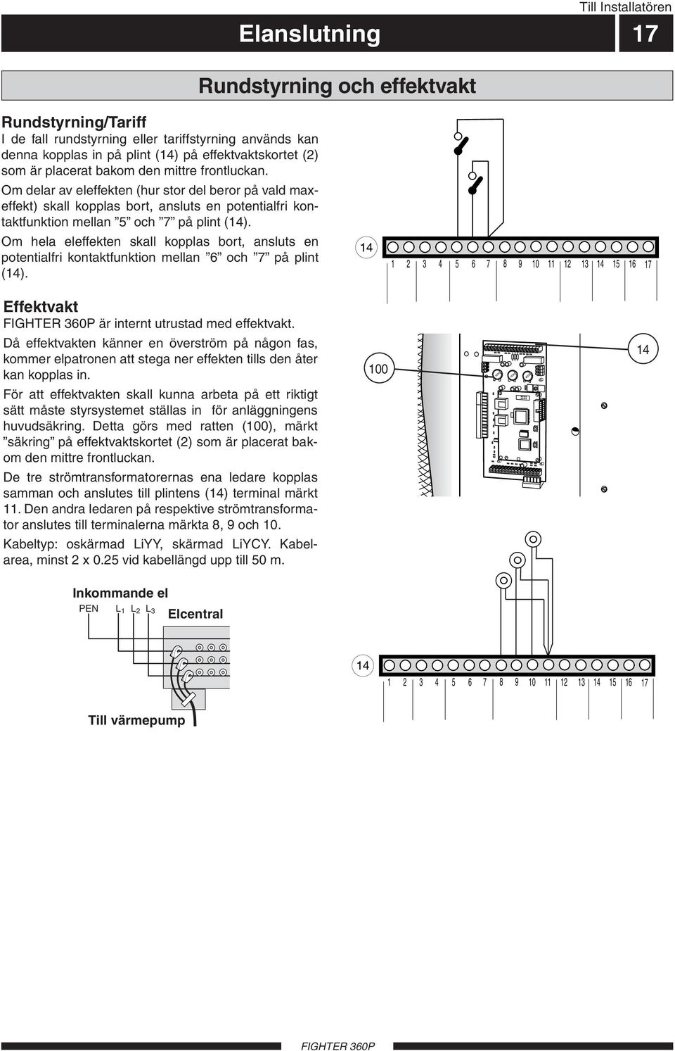 Om hela eleffekten skall kopplas bort, ansluts en potentialfri kontaktfunktion mellan 6 och 7 på plint (14). 14 1 2 3 4 5 6 7 8 9 10 11 12 13 14 15 16 17 Effektvakt är internt utrustad med effektvakt.