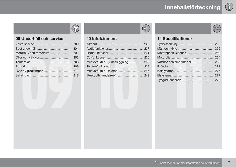 .. 238 Telefonfunktioner*... 239 Menystruktur telefon*... 246 Bluetooth handsfree*... 249 11 Specifikationer 11 Typbeteckning... 256 Mått och vikter... 259 Motorspecifikationer.