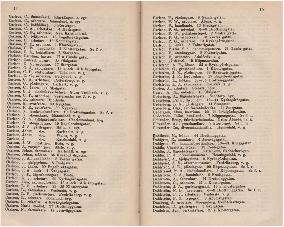 5 Storgatao. Se f. r. Carlson, Carolina, hustru. 17 a Gamla gatan. Carlson, Conrad, murare. 33 Olaigatao. Carlson, C. A., arbetare. 17 Storgatan. Carlson, C. J., skomakare. 13 a och 13 b Storgatan.