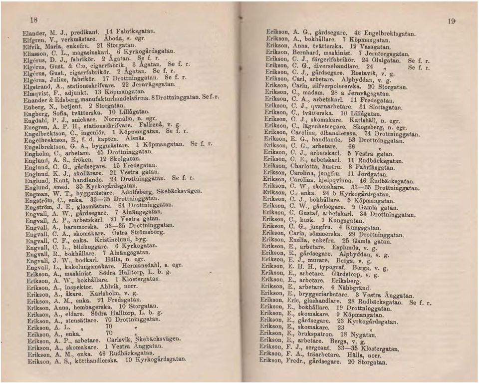 , 1 stationsskrfvar.. 22 Jernvägsgatau. Elmqvist, F., adjunkt. 13 Kopma.ngll.ta-u.., Enander & Edsberg, manufakturhaudelsfirroa. B Drottnmgga t an. Se f. r. Enberg, N., betjent.