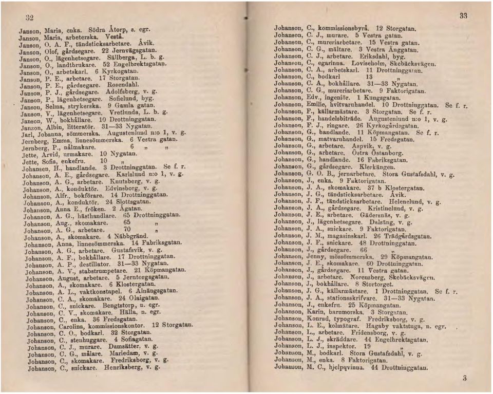 Adolfscerg, v. g. Janson, P., liigenhetsegare. Sofielund, byg. Jansou, Selma, strykerska. 9 Gamla gatan. Janson, V., lägenhetsegare. Vretlnnda, L. b. g. Janson W. bokhållare. 10 Drottninggatan.
