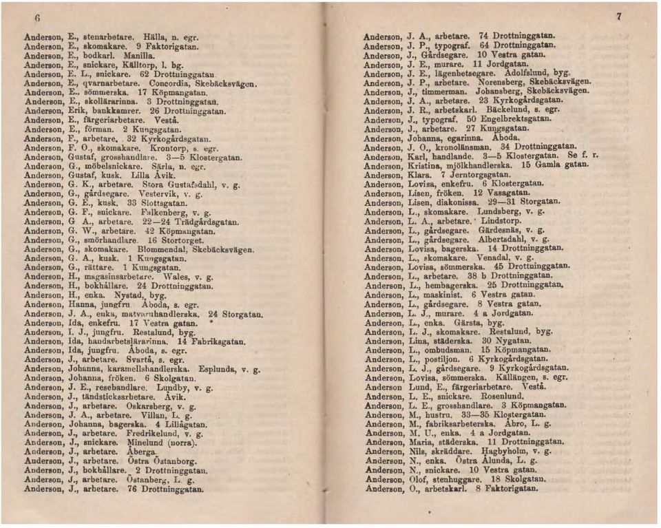 Anderson, E., färgeriarbetare. Veetå. Anderson, E., förman. 2 Kungsgx.tan. Anderson, F., arbetare,. 32 Kyrkogårdsgatan. Anderson, F. O., skomakare. Krontorp, ;,, egr. Anderson, Gustaf, grosshandlare.
