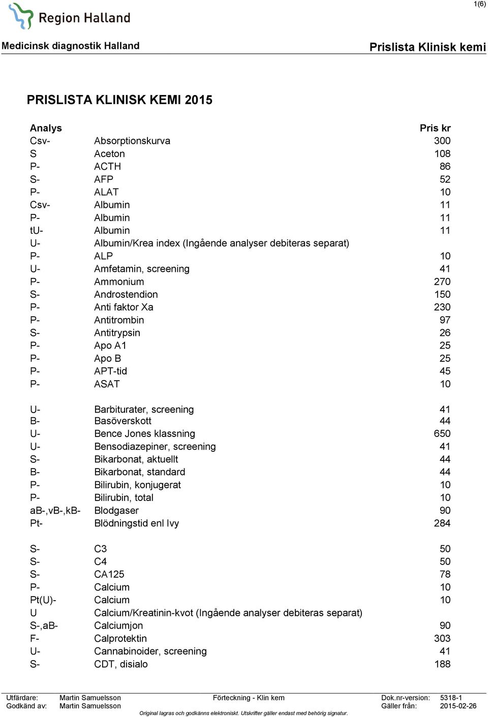 APT-tid 45 P- ASAT 10 U- Barbiturater, screening 41 B- Basöverskott 44 U- Bence Jones klassning 650 U- Bensodiazepiner, screening 41 S- Bikarbonat, aktuellt 44 B- Bikarbonat, standard 44 P-