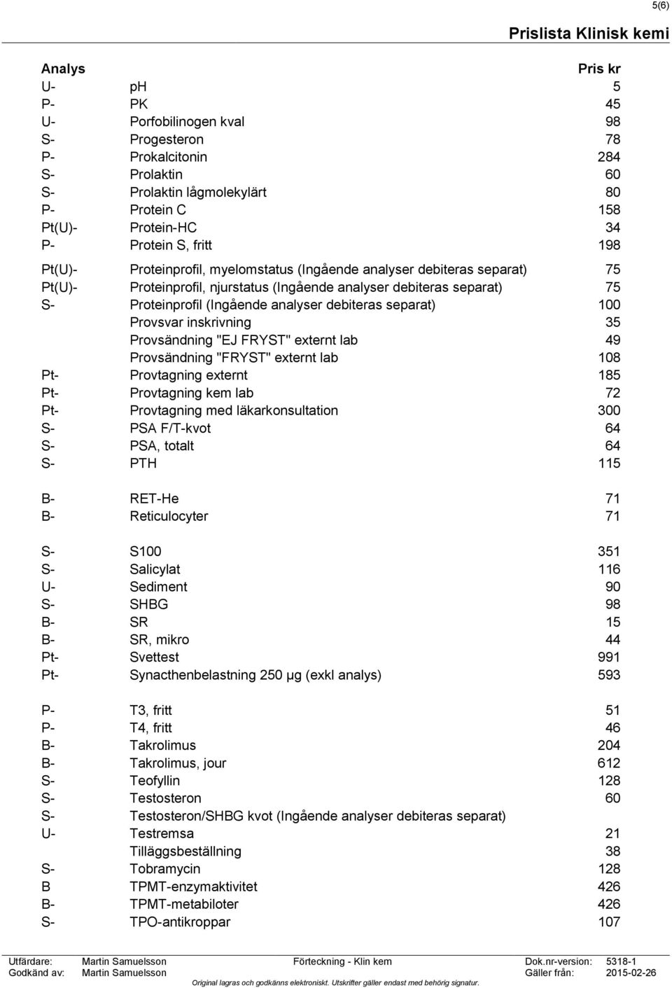 separat) 100 Provsvar inskrivning 35 Provsändning "EJ FRYST" externt lab 49 Provsändning "FRYST" externt lab 108 Pt- Provtagning externt 185 Pt- Provtagning kem lab 72 Pt- Provtagning med