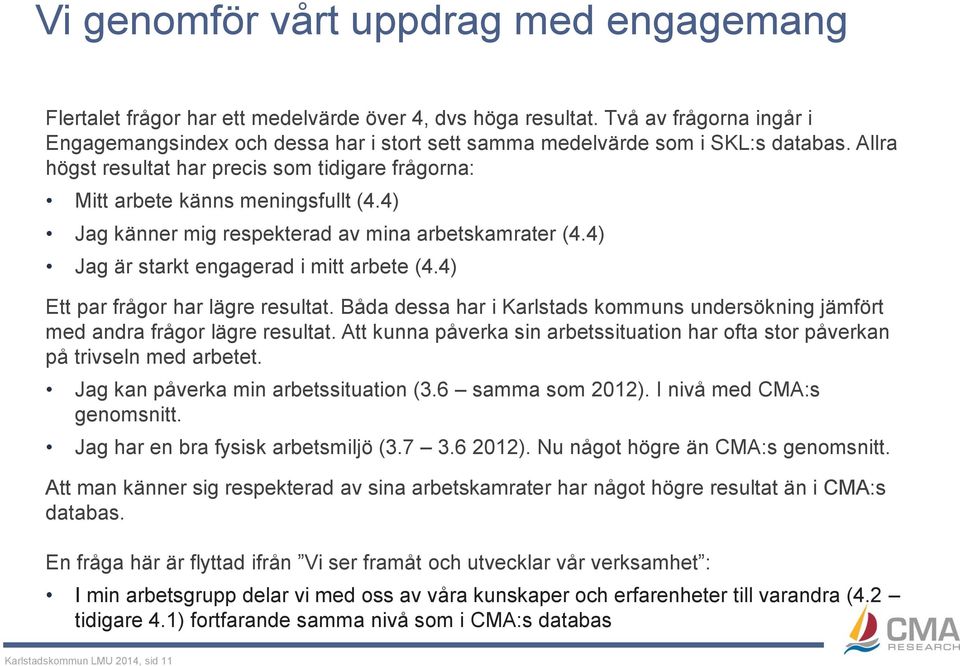 4) Jag känner mig respekterad av mina arbetskamrater (4.4) Jag är starkt engagerad i mitt arbete (4.4) Ett par frågor har lägre resultat.