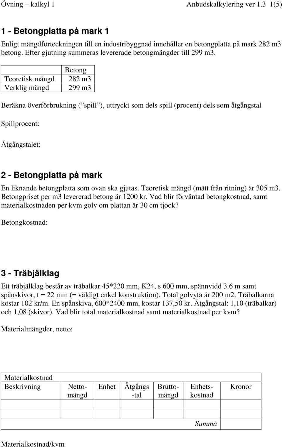 Teoretisk mängd Verklig mängd Betong 282 m3 299 m3 Beräkna överförbrukning ( spill ), uttryckt som dels spill (procent) dels som åtgångstal Spillprocent: ((299-282)/282)*100 = 6%, Åtgångstalet: =