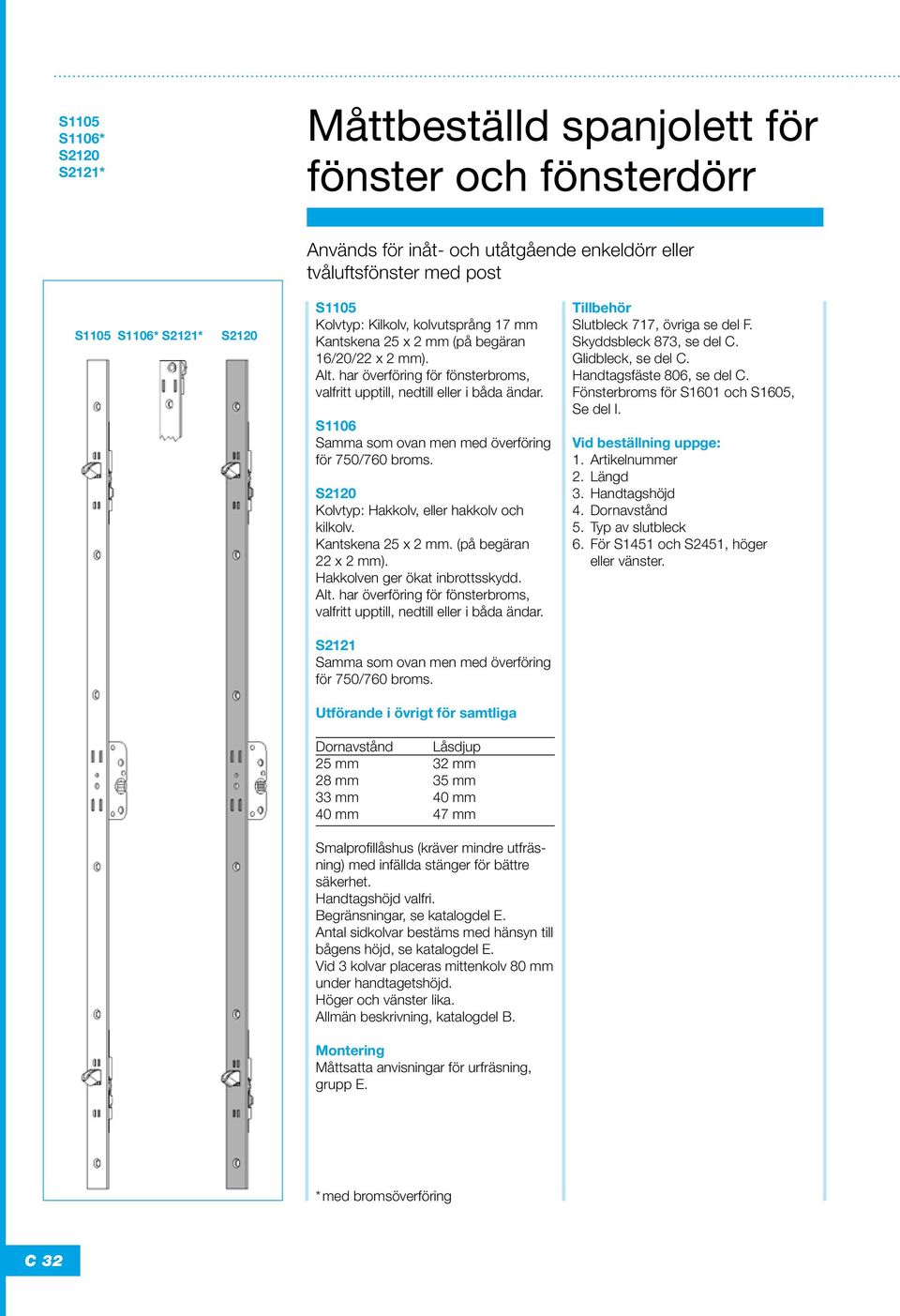 S1106 Samma som ovan men med överföring för 750/760 broms. S2120 Kolvtyp: Hakkolv, eller hakkolv och kilkolv. Kantskena 25 x 2 mm. (på begäran 22 x 2 mm). Hakkolven ger ökat inbrottsskydd. Alt.