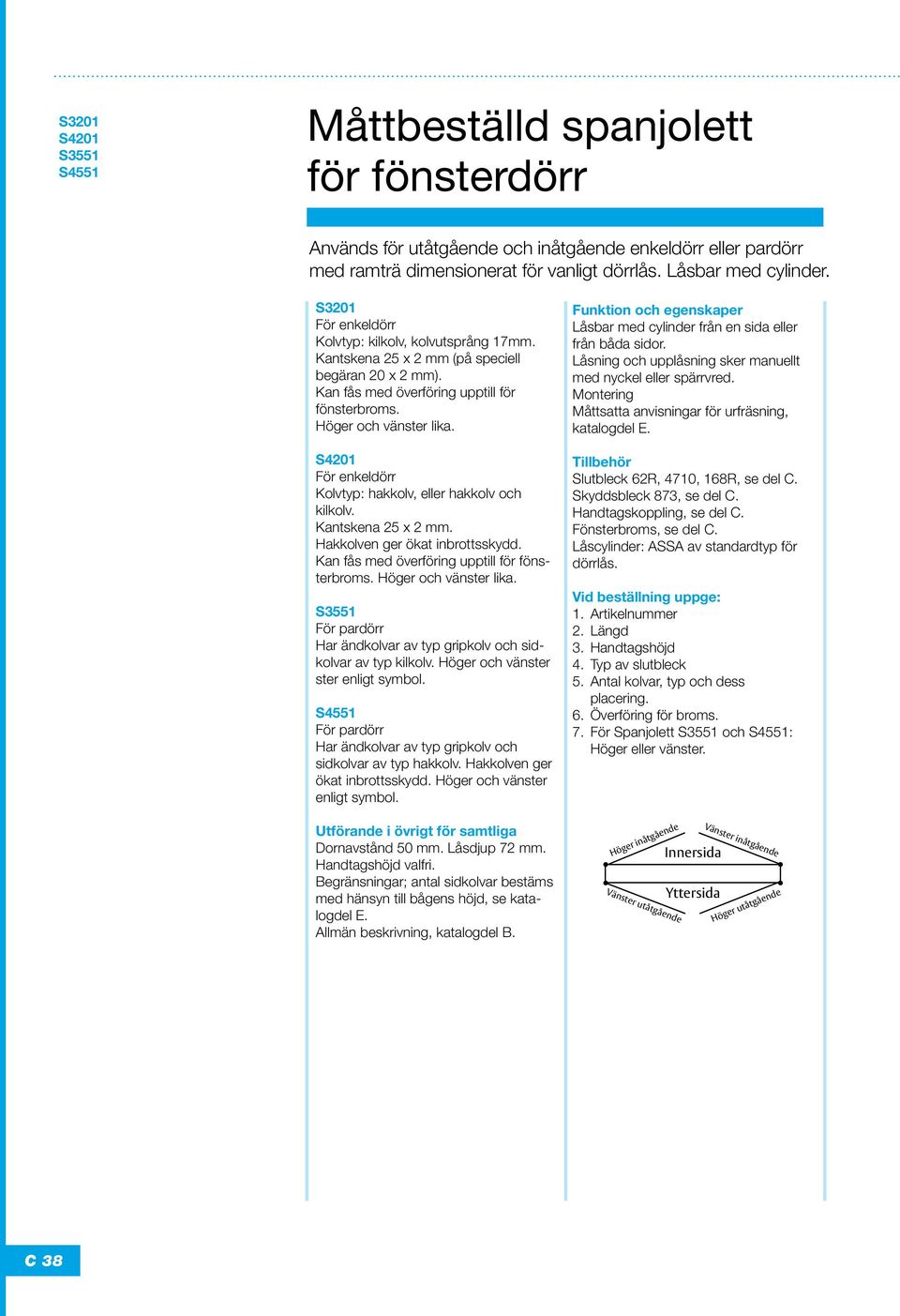 Höger och vänster lika. S4201 För enkeldörr Kolvtyp: hakkolv, eller hakkolv och kilkolv. Kantskena 25 x 2 mm. Hakkolven ger ökat inbrotts skydd. Kan fås med överföring upptill för fönsterbroms.