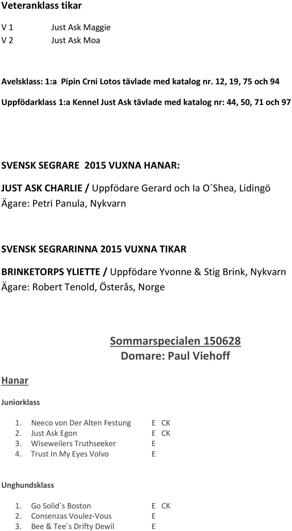 Lidingö Ägare: Petri Panula, Nykvarn SVENSK SEGRARINNA 2015 VUXNA TIKAR BRINKETORPS YLIETTE / Uppfödare Yvonne & Stig Brink, Nykvarn Ägare: Robert Tenold, Österĺs, Norge Hanar