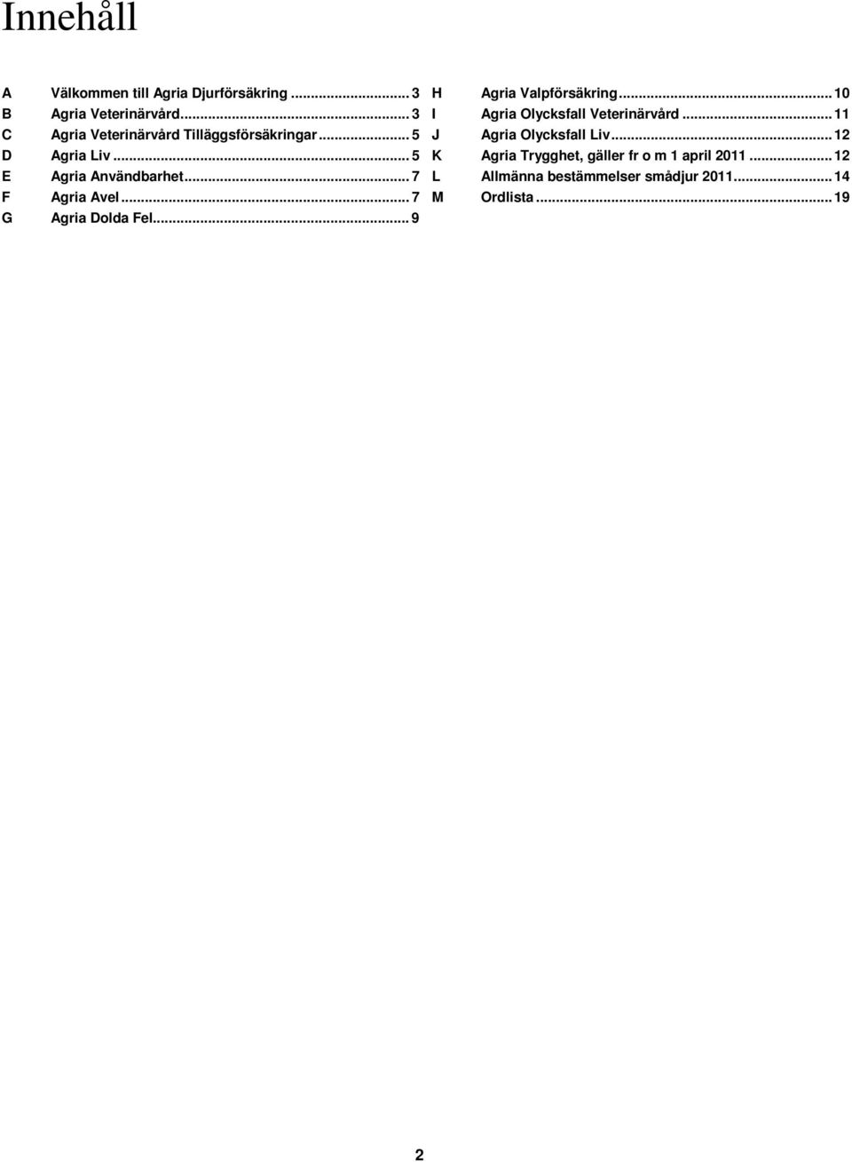 .. 7 F Agria Avel... 7 G Agria Dolda Fel... 9 H Agria Valpförsäkring.