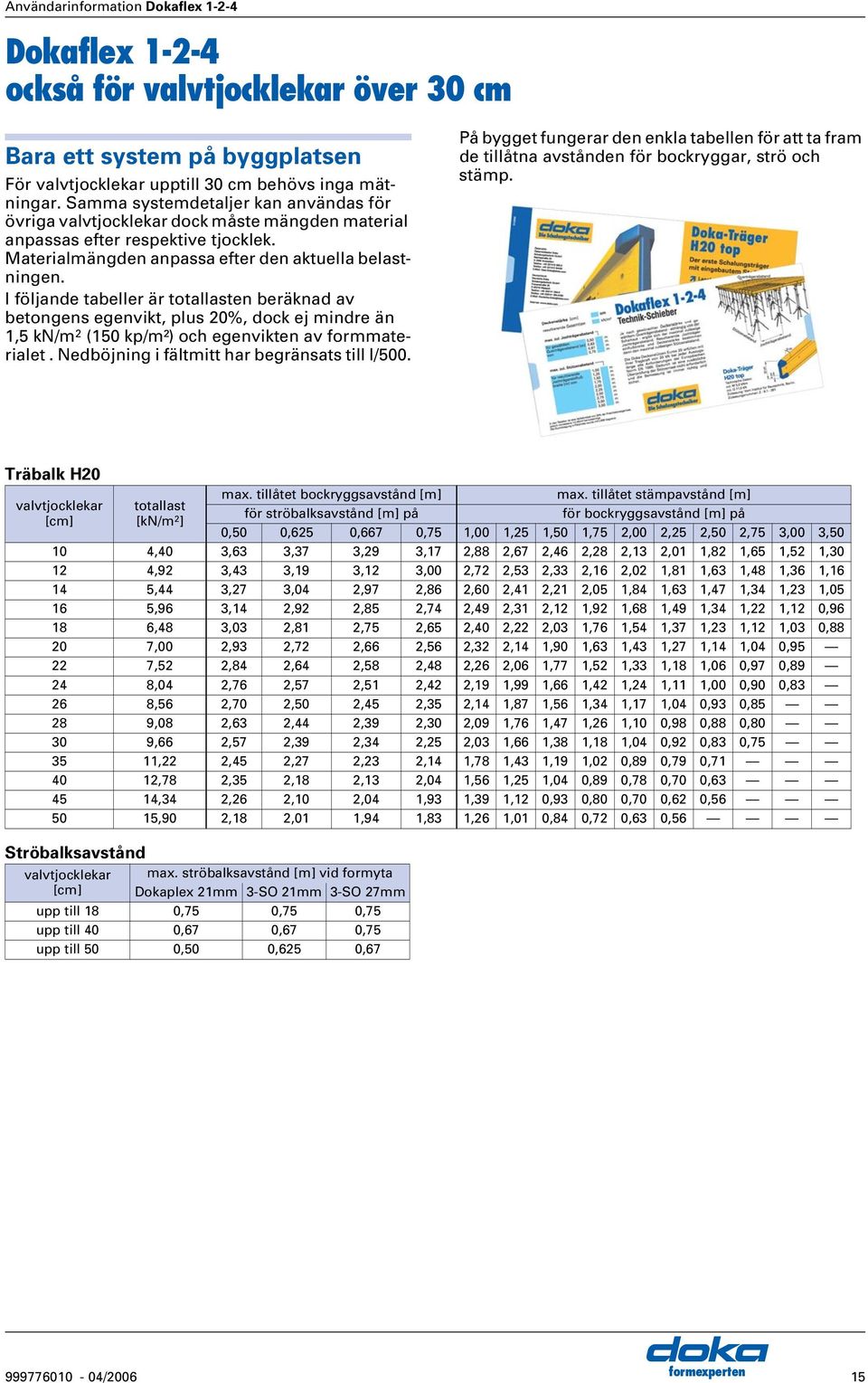 I följande tabeller är totallasten beräknad av betongens egenvikt, plus 20%, dock ej mindre än 1,5 kn/m 2 (150 kp/m²) och egenvikten av formmaterialet. Nedböjning i fältmitt har begränsats till l/500.