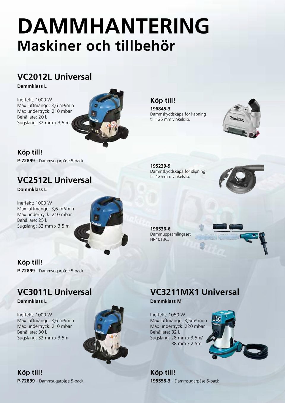 Ineffekt: 1000 W Max luftmängd: 3,6 m³/min Max undertryck: 210 mbar Behållare: 25 L Sugslang: 32 mm x 3,5 m 196536-6 Dammuppsamlingsset HR4013C. Köp till!