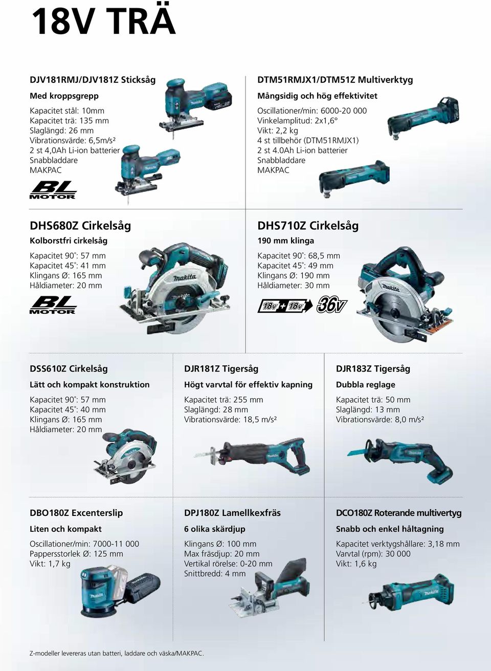 0Ah Li-ion batterier DHS680Z Cirkelsåg Kolborstfri cirkelsåg Kapacitet 90 : 57 mm Kapacitet 45 : 41 mm Klingans Ø: 165 mm Håldiameter: 20 mm DHS710Z Cirkelsåg 190 mm klinga Kapacitet 90 : 68,5 mm