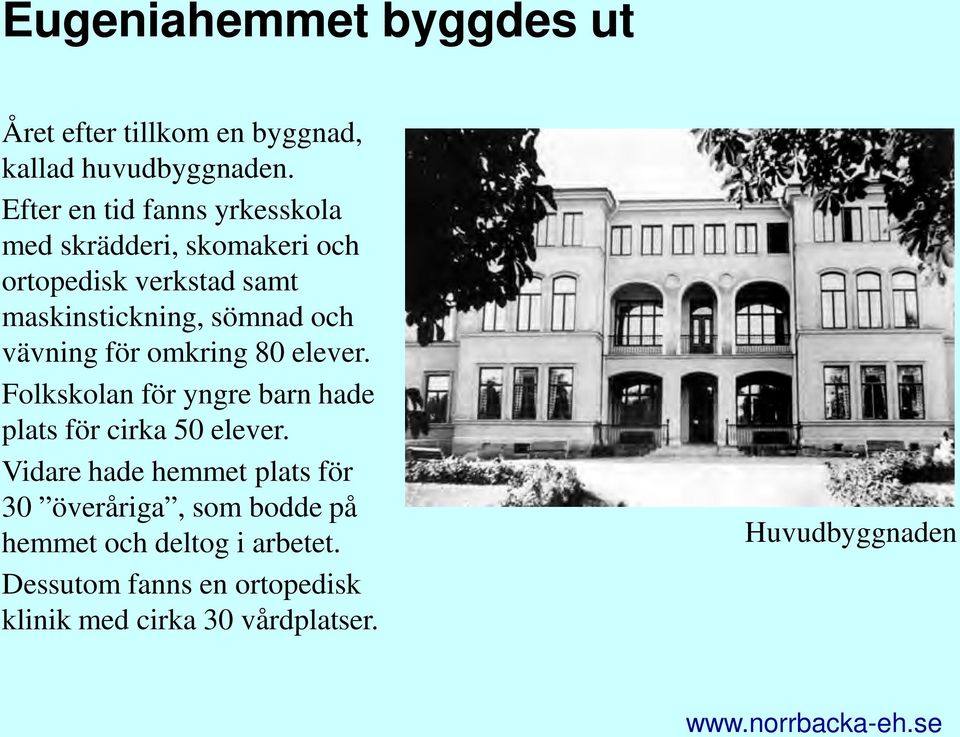 och vävning för omkring 80 elever. Folkskolan för yngre barn hade plats för cirka 50 elever.