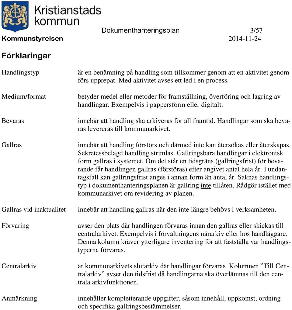 innebär att handling ska arkiveras för all framtid. Handlingar som ska bevaras levereras till kommunarkivet. innebär att handling förstörs och därmed inte kan återsökas eller återskapas.