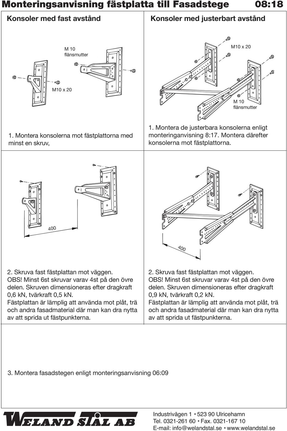 Minst 6st skruvar varav 4st på den övre delen. Skruven dimensioneras efter dragkraft 0,6 kn, tvärkraft 0,5 kn.