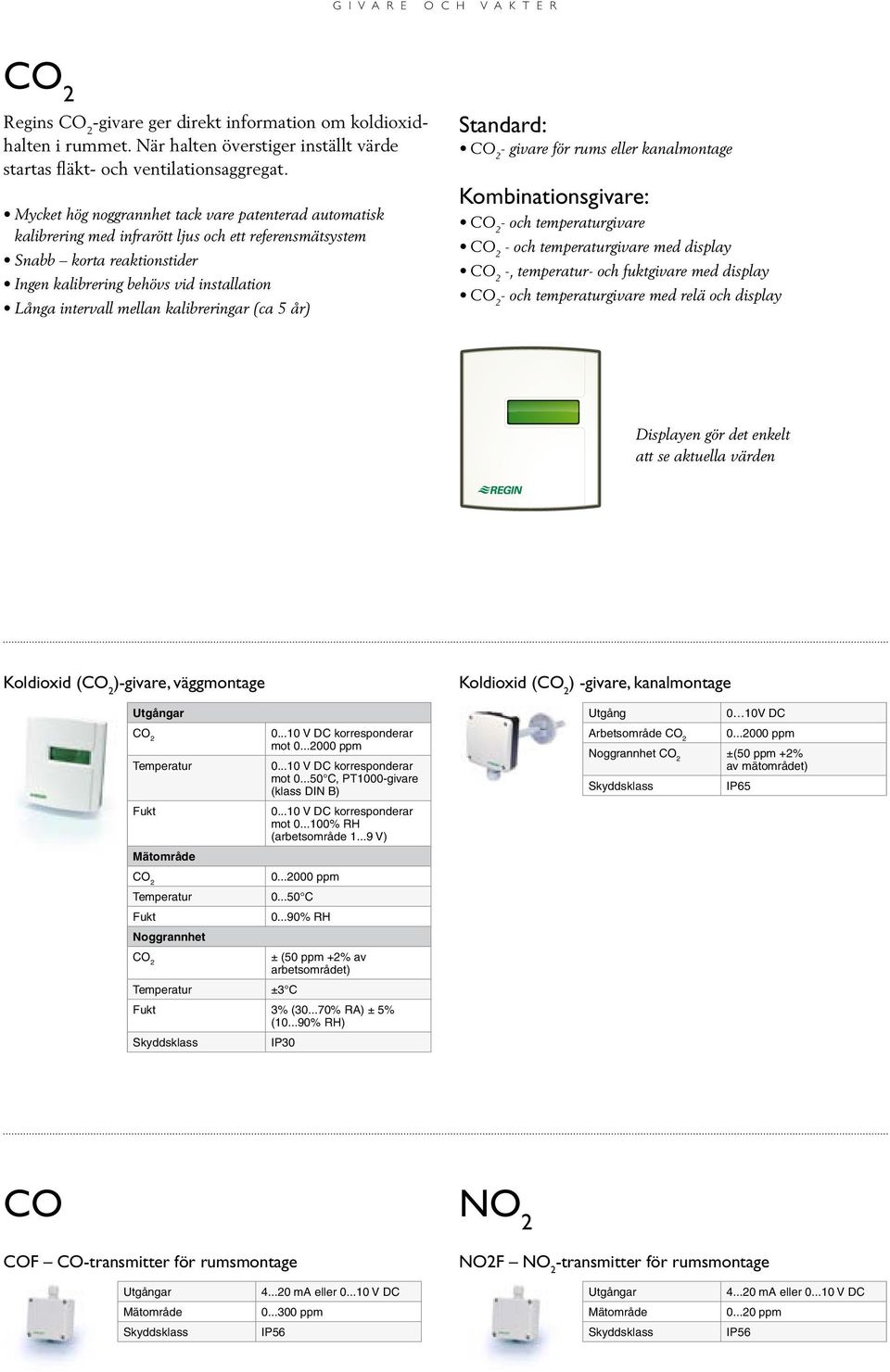 mellan kalibreringar (ca 5 år) Standard: - givare för rums eller kanalmontage Kombinationsgivare: - och temperaturgivare - och temperaturgivare med display -, temperatur- och fuktgivare med display -