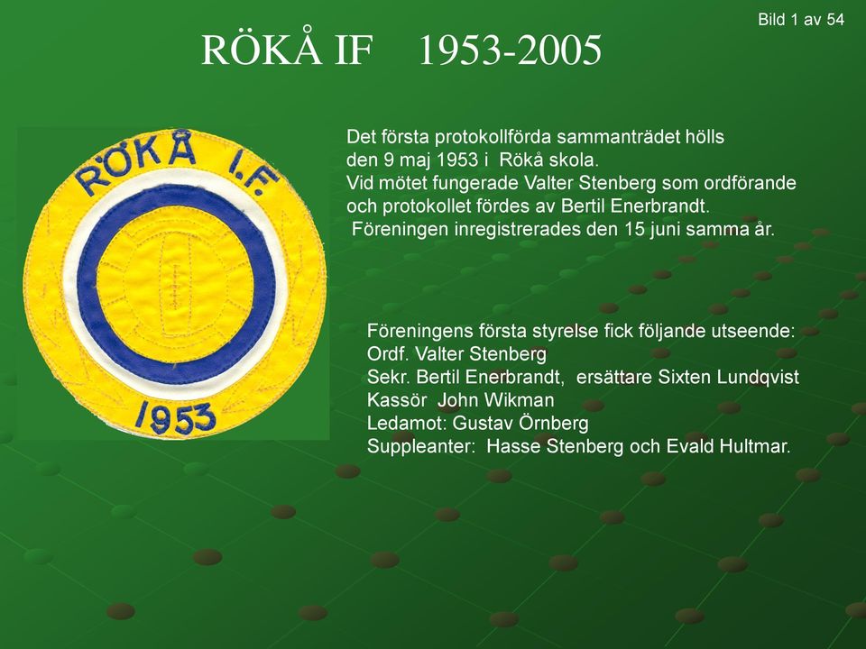 Föreningen inregistrerades den 15 juni samma år. Föreningens första styrelse fick följande utseende: Ordf.