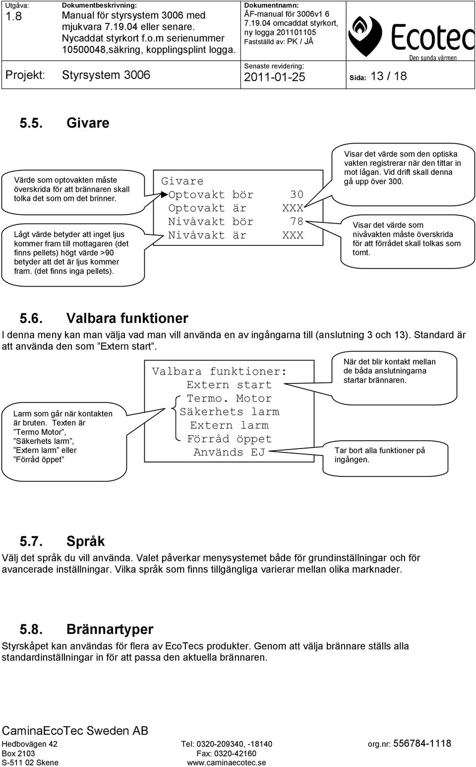 Givare Optovakt bör 30 Optovakt är XXX Nivåvakt bör 78 Nivåvakt är XXX Visar det värde som den optiska vakten registrerar när den tittar in mot lågan. Vid drift skall denna gå upp över 300.