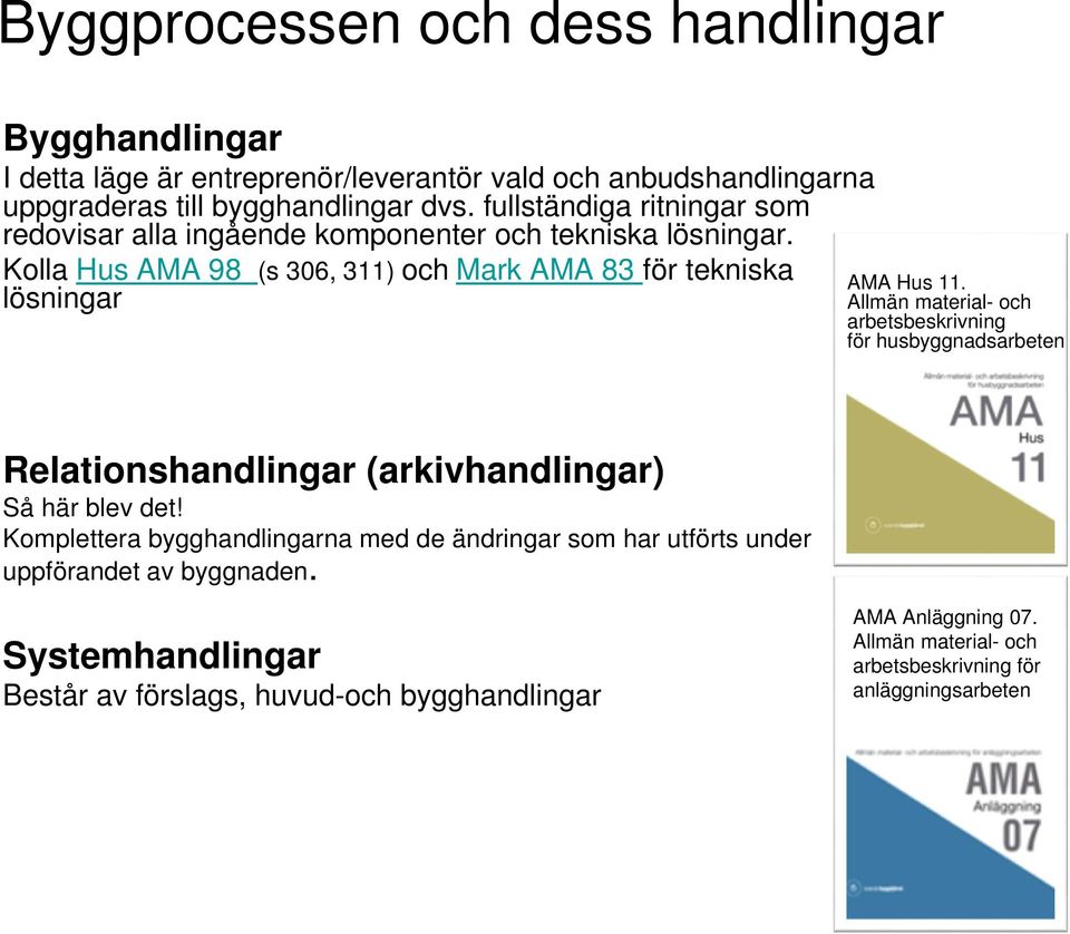 Allmän material- och arbetsbeskrivning för husbyggnadsarbeten Relationshandlingar (arkivhandlingar) Så här blev det!