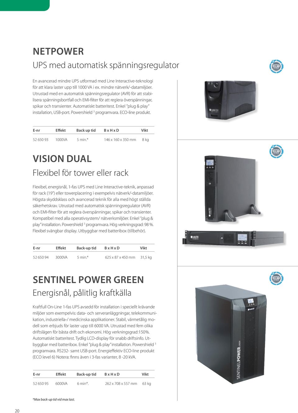 Enkel plug & play installation, USB-port. Powershield 3 programvara. ECO-line produkt. E-nr Effekt Back up tid B x H x D Vikt 52 650 93 1000VA 5 min.