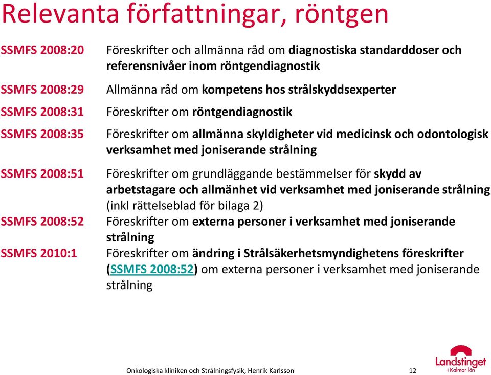 verksamhet med joniserande strålning Föreskrifter om grundläggande bestämmelser för skydd av arbetstagare och allmänhet vid verksamhet med joniserande strålning (inkl rättelseblad för bilaga 2)