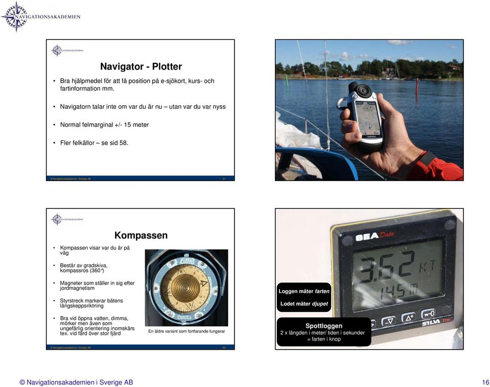 Navigationsakademien i Sverige AB 61 Navigationsakademien i Sverige AB 62 Kompassen visar var du är på väg Består av gradskiva, kompassros (360 ) Kompassen Magneter som ställer in sig efter