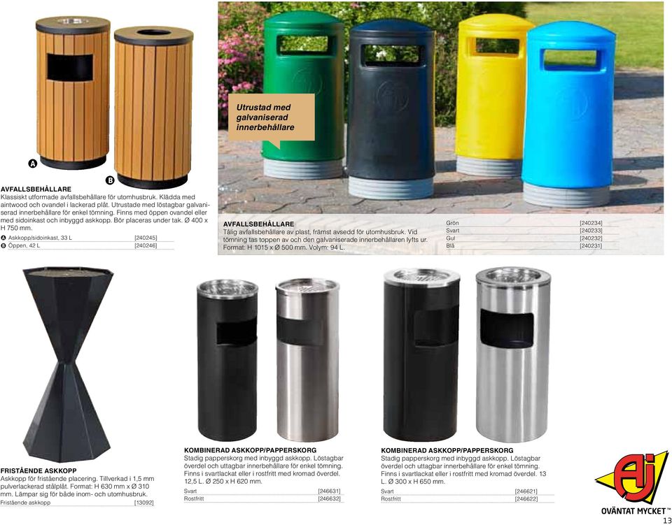 A Askkopp/sidoinkast, 33 L [240245] B Öppen, 42 L [240246] B Avfallsbehållare Tålig avfallsbehållare av plast, främst avsedd för utomhusbruk.