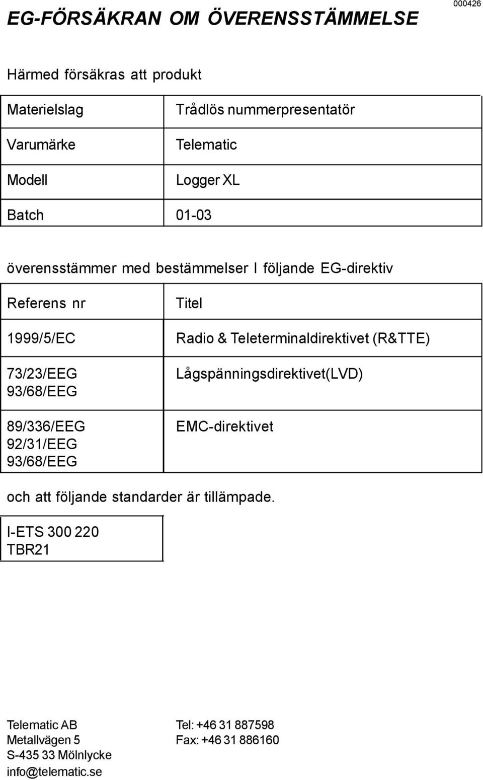 92/31/EEG 93/68/EEG Titel Radio & Teleterminaldirektivet (R&TTE) Lågspänningsdirektivet(LVD) EMC-direktivet och att följande