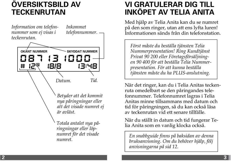 VI GRATULERAR DIG TILL INKÖPET AV TELIA ANITA Med hjälp av Telia Anita kan du se numret på den som ringer, utan att ens lyfta luren! Informationen sänds från din telefonstation.