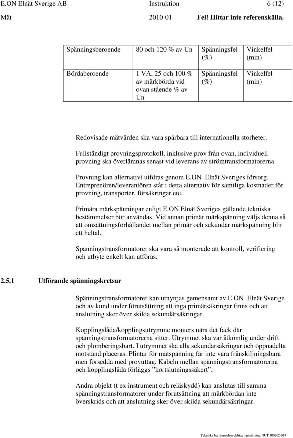 Fullständigt provningsprotokoll, inklusive prov från ovan, individuell provning ska överlämnas senast vid leverans av strömtransformatorerna. Provning kan alternativt utföras genom E.