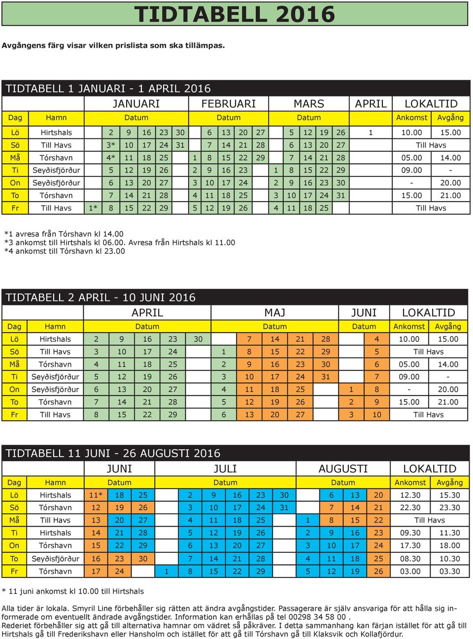 00 Sö Till Havs 3* 10 17 24 31 7 14 21 28 6 13 20 27 Till Havs Må Tórshavn 4* 11 18 25 1 8 15 22 29 7 14 21 28 05.00 14.00 Ti Seyðisfjörður 5 12 19 26 2 9 16 23 1 8 15 22 29 09.