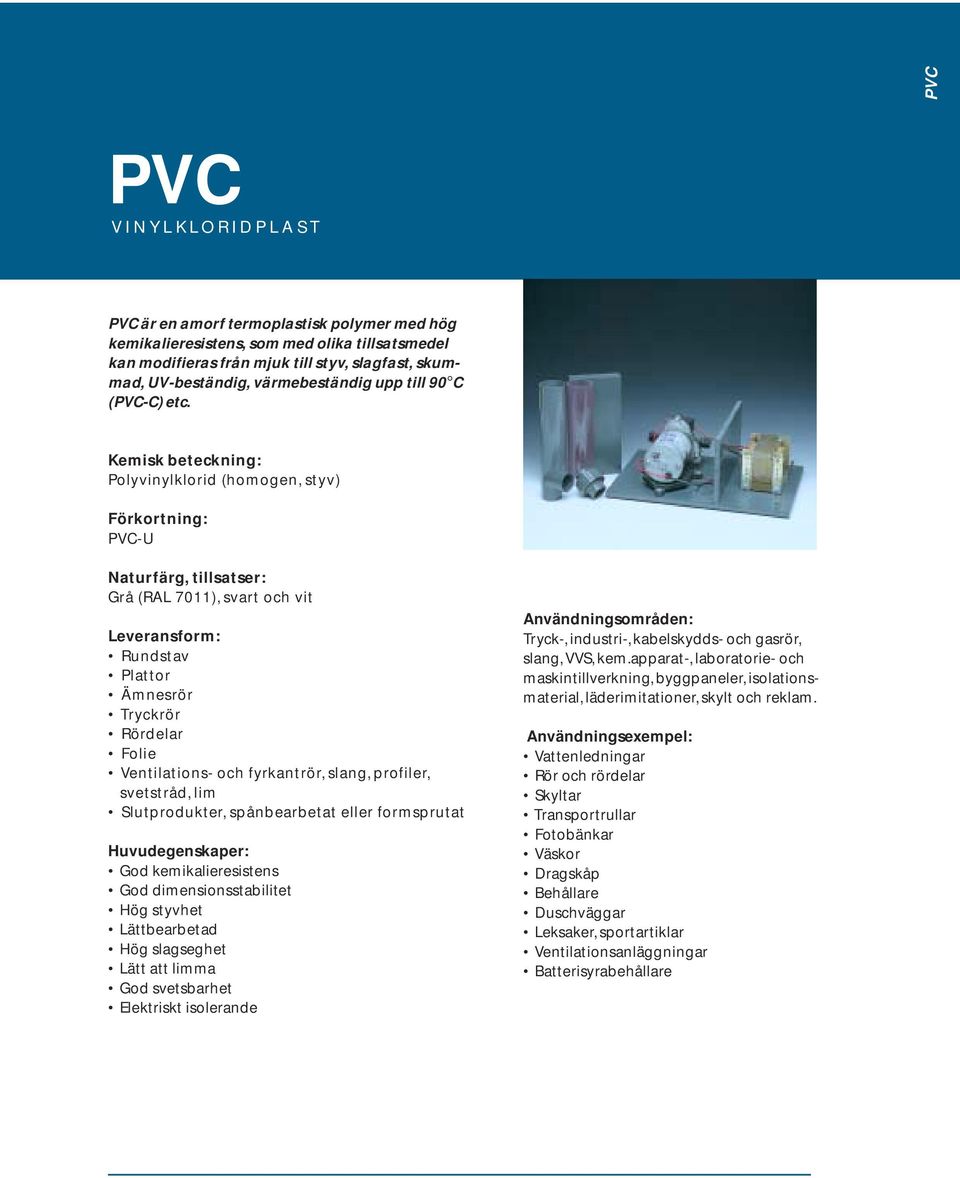 Polyvinylklorid (homogen, styv) PVC-U Naturfärg, tillsatser: Grå (RAL 7011), svart och vit Rundstav Ämnesrör Tryckrör Rördelar Folie Ventilations- och fyrkantrör, slang, profiler, svetstråd, lim
