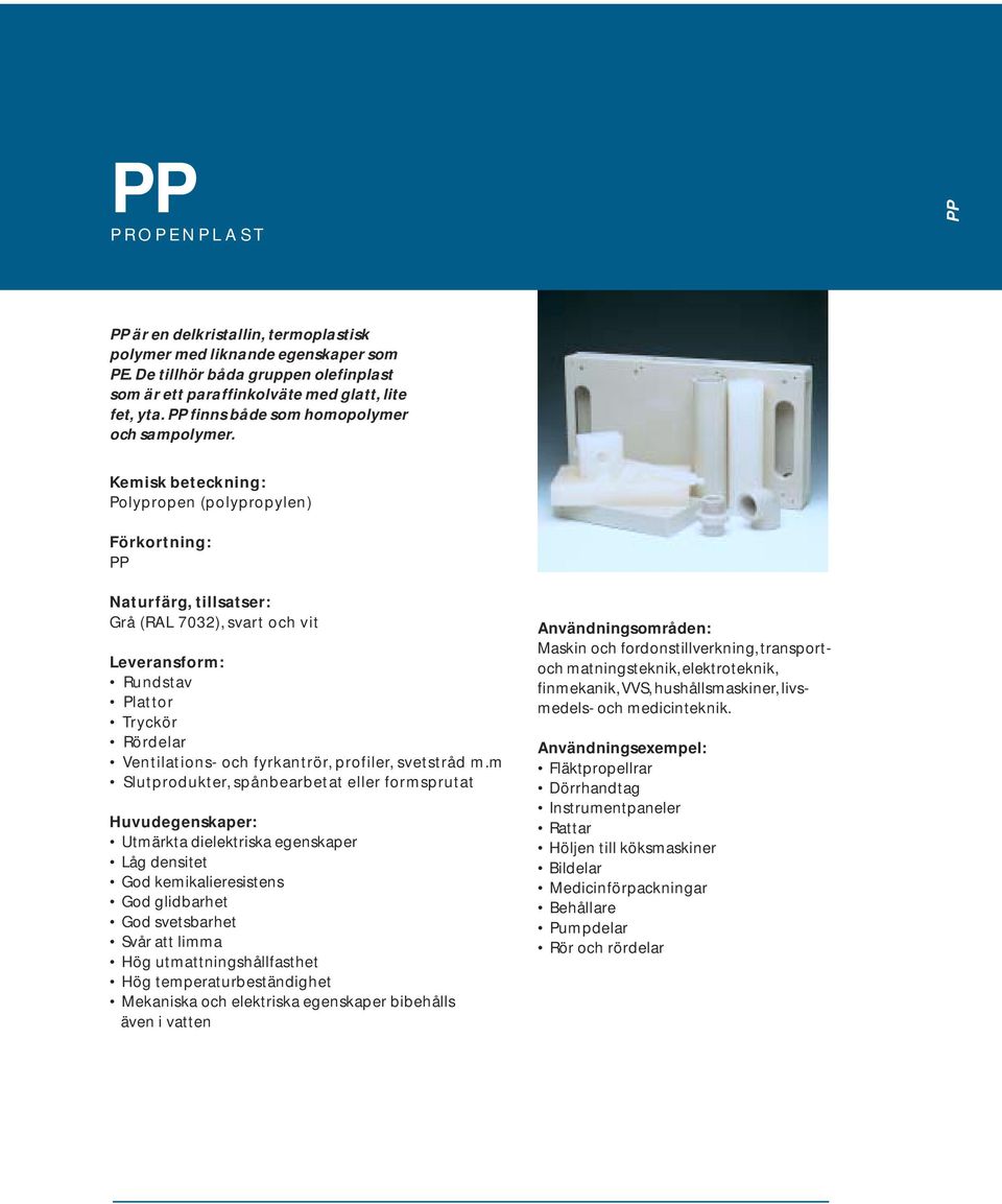 Polypropen (polypropylen) PP Naturfärg, tillsatser: Grå (RAL 7032), svart och vit Rundstav Tryckör Rördelar Ventilations- och fyrkantrör, profiler, svetstråd m.