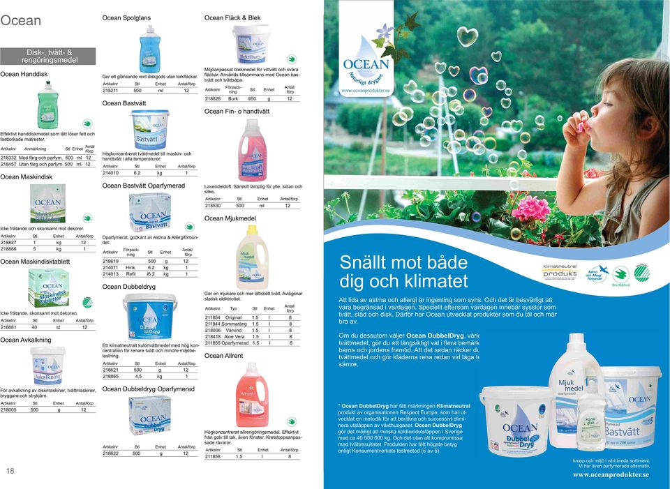 Artikelnr Förpackning Stl Enhet Ocean Fin- o handtvätt 218828 Burk 850 g 12 Effektivt handdiskmedel som lätt löser fett och fasttorkade matrester.