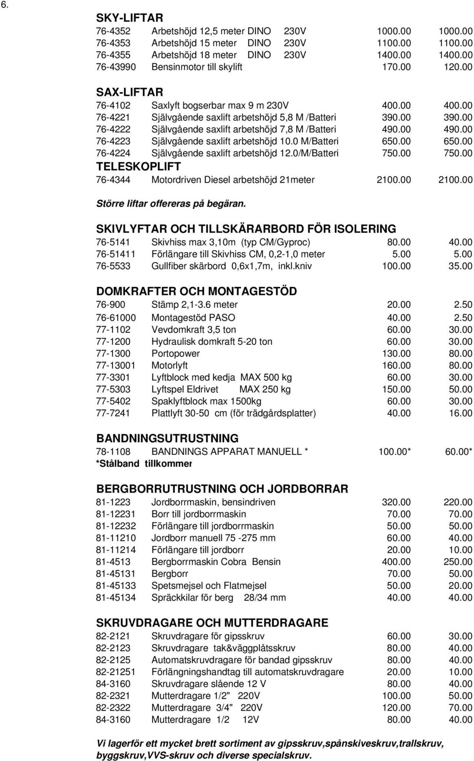 00 76-4222 Självgående saxlift arbetshöjd 7,8 M /Batteri 490.00 490.00 76-4223 Självgående saxlift arbetshöjd 10.0 M/Batteri 650.00 650.00 76-4224 Självgående saxlift arbetshöjd 12.0/M/Batteri 750.