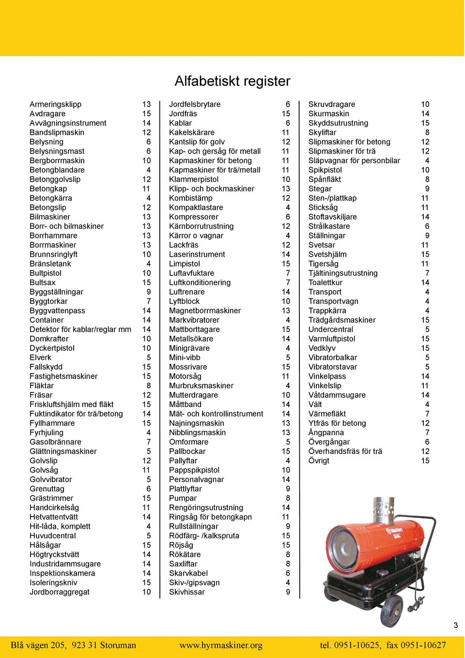 för kablar/reglar mm 14 Domkrafter 10 Dyckertpistol 10 Elverk 5 Fallskydd 15 Fastighetsmaskiner 15 Fläktar 8 Fräsar 12 Friskluftshjälm med fläkt 15 Fuktindikator för trä/betong 14 Fyllhammare 15