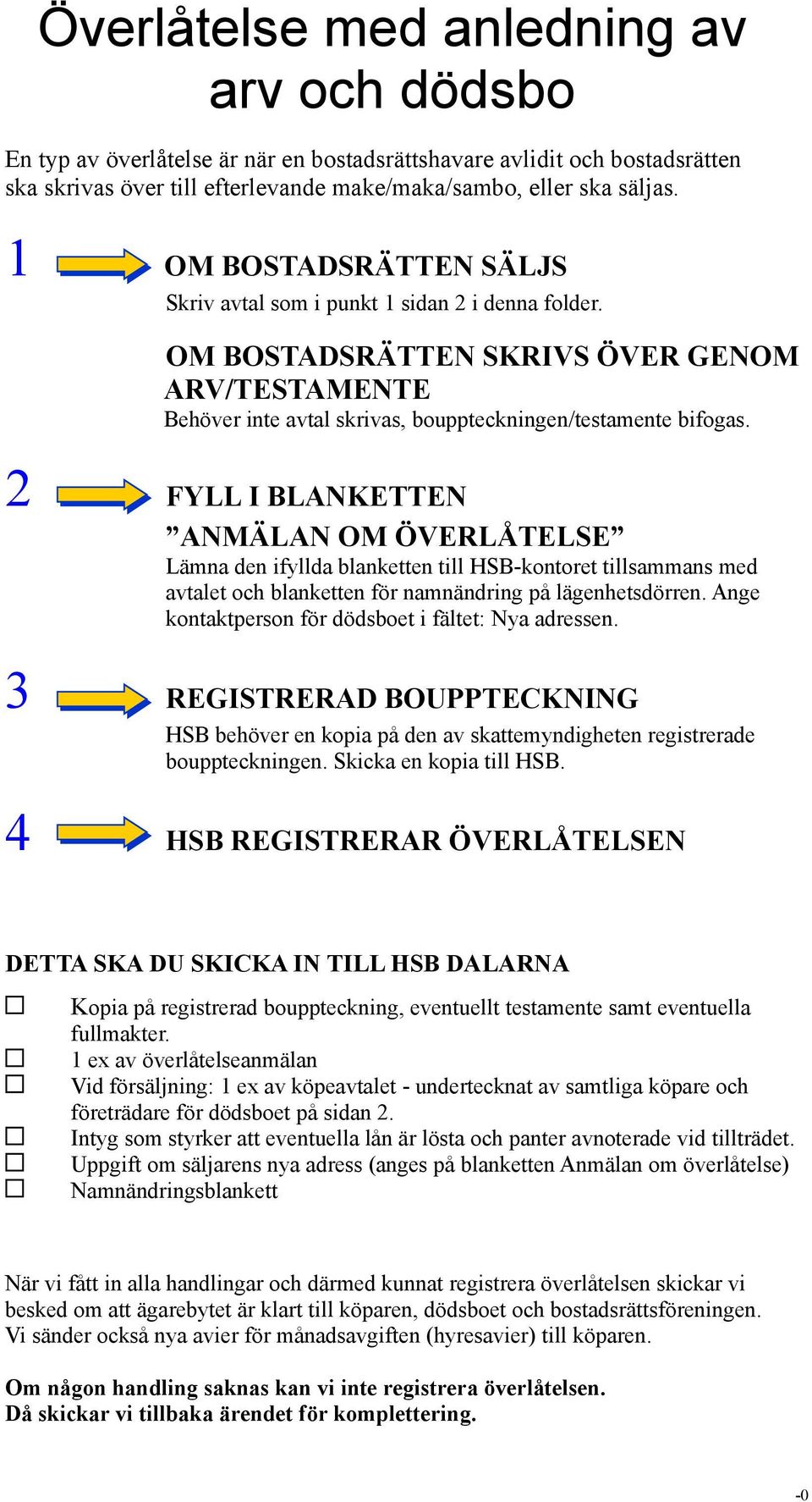 2 FYLL I BLANKETTEN ANMÄLAN OM ÖVERLÅTELSE Lämna den ifyllda blanketten till HSB-kontoret tillsammans med avtalet och blanketten för namnändring på lägenhetsdörren.