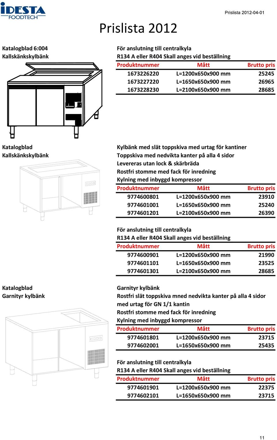 med fack för inredning Kylning med inbyggd kompressor 9774600801 L=1200x650x900 mm 23910 9774601001 L=1650x650x900 mm 25240 9774601201 L=2100x650x900 mm 26390 För anslutning till centralkyla R134 A