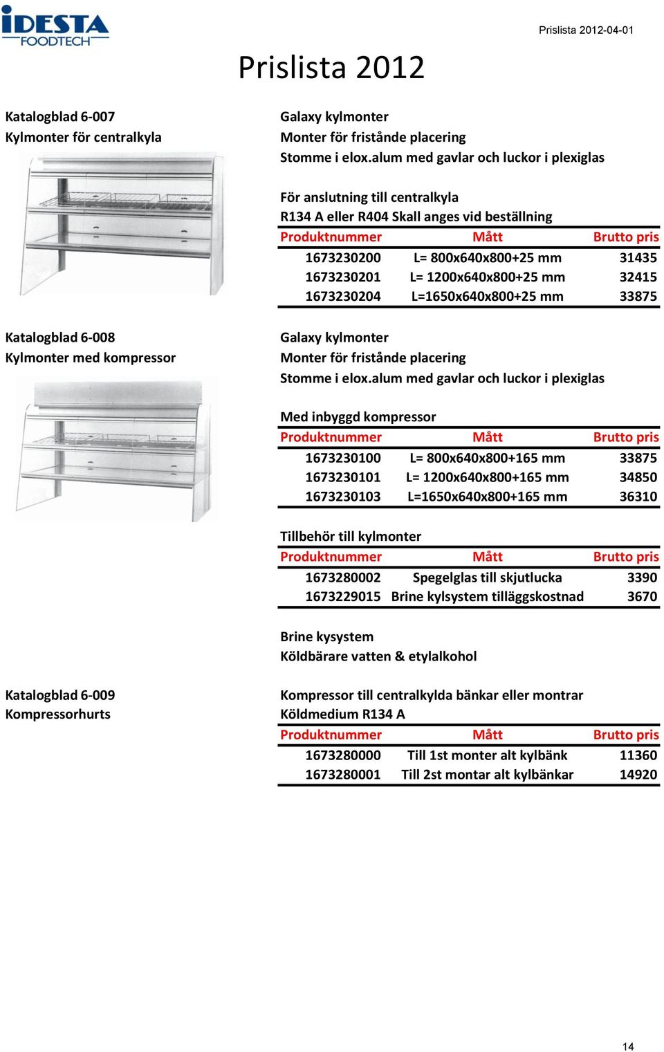 1673230204 L=1650x640x800+25 mm 33875 Katalogblad 6-008 Kylmonter med kompressor Galaxy kylmonter Monter för fristånde placering Stomme i elox.