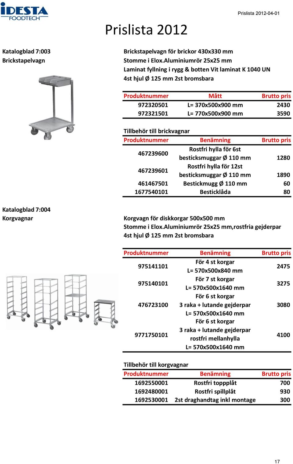 brickvagnar Benämning 467239600 Rostfri hylla för 6st besticksmuggar Ø 110 mm 1280 467239601 Rostfri hylla för 12st besticksmuggar Ø 110 mm 1890 461467501 Bestickmugg Ø 110 mm 60 1677540101