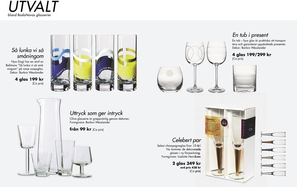 Dekor: Barbro Wesslander 4 glas 199/299 kr (Ca pris) Uttryck som ger intryck Olive glasserie är greppvänlig genom dekoren.