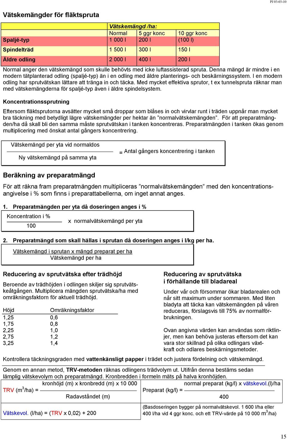 I en modern odling har sprutvätskan lättare att tränga in och täcka. Med mycket effektiva sprutor, t ex tunnelspruta räknar man med vätskemängderna för spaljé-typ även i äldre spindelsystem.
