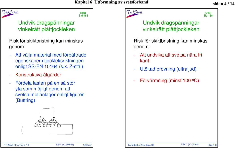 - Fördela lasten på en så stor yta som möjligt genom att svetsa mellanlager enligt figuren (Buttring) Risk för skiktbristning kan minskas genom: - Att undvika att svetsa