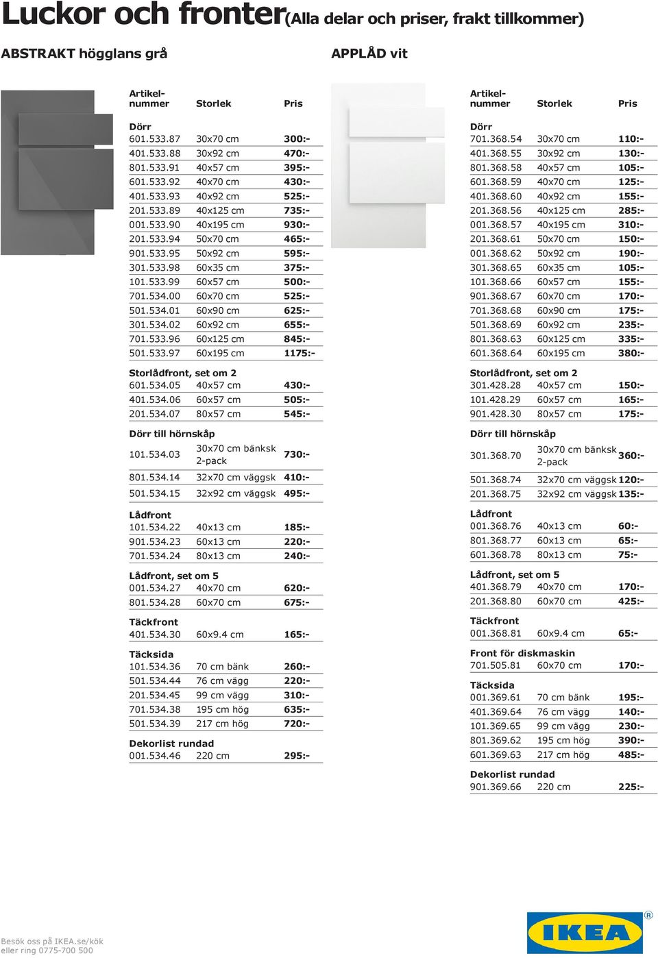 533.97 60x195 cm 1175:- 601.534.05 40x57 cm 430:- 401.534.06 60x57 cm 505:- till hörnskåp 101.534.03 201.534.07 80x57 cm 545:- 730:- 801.534.14 32x70 cm väggsk 410:- 501.534.15 32x92 cm väggsk 495:- 101.