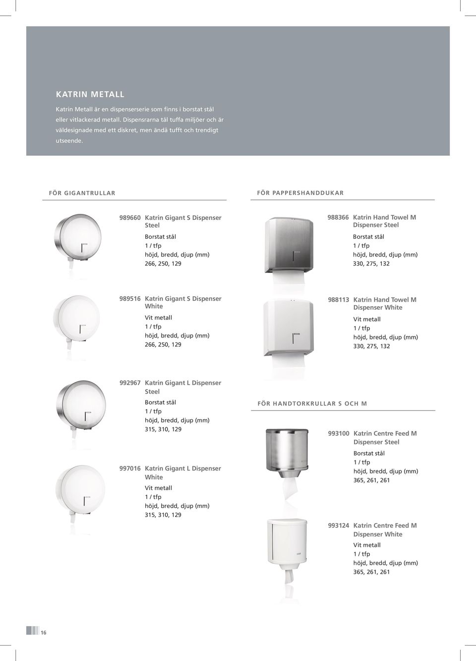 FÖR GIGANTRULLAR FÖR PAPPERSHANDDUKAR 989660 Katrin Gigant S Dispenser Steel Borstat stål 266, 250, 129 988366 Katrin Hand Towel M Dispenser Steel Borstat stål 330, 275, 132 989516 Katrin Gigant S