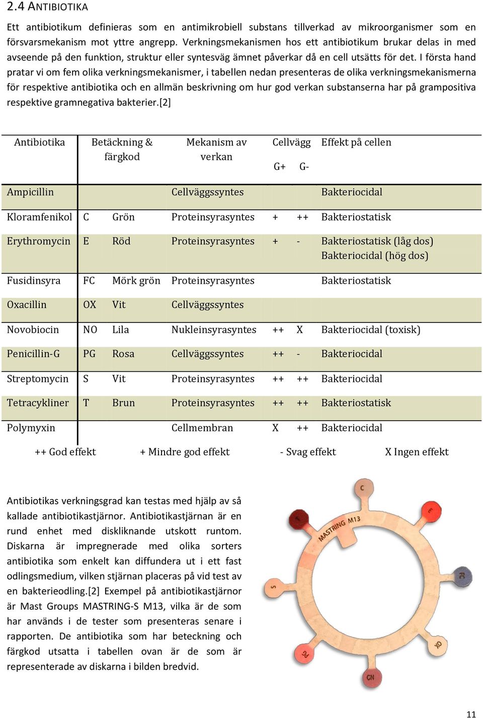 I första hand pratar vi om fem olika verkningsmekanismer, i tabellen nedan presenteras de olika verkningsmekanismerna för respektive antibiotika och en allmän beskrivning om hur god verkan
