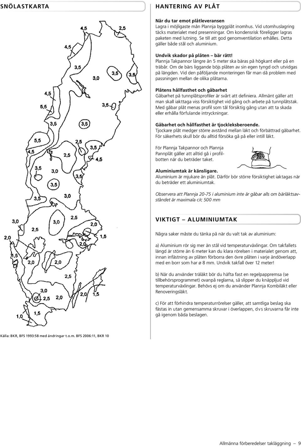 Plannja Takpannor längre än 5 meter ska bäras på högkant eller på en träbår. Om de bärs liggande böjs plåten av sin egen tyngd och utvidgas på längden.