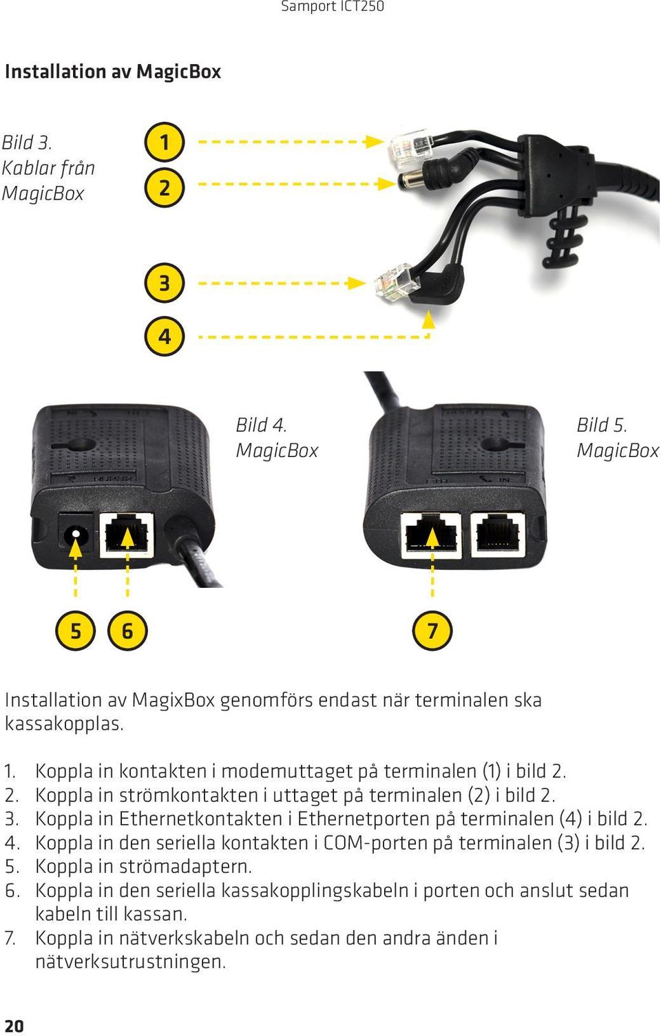 2. Koppla in strömkontakten i uttaget på terminalen (2) i bild 2. 3. Koppla in Ethernetkontakten i Ethernetporten på terminalen (4) i bild 2. 4.