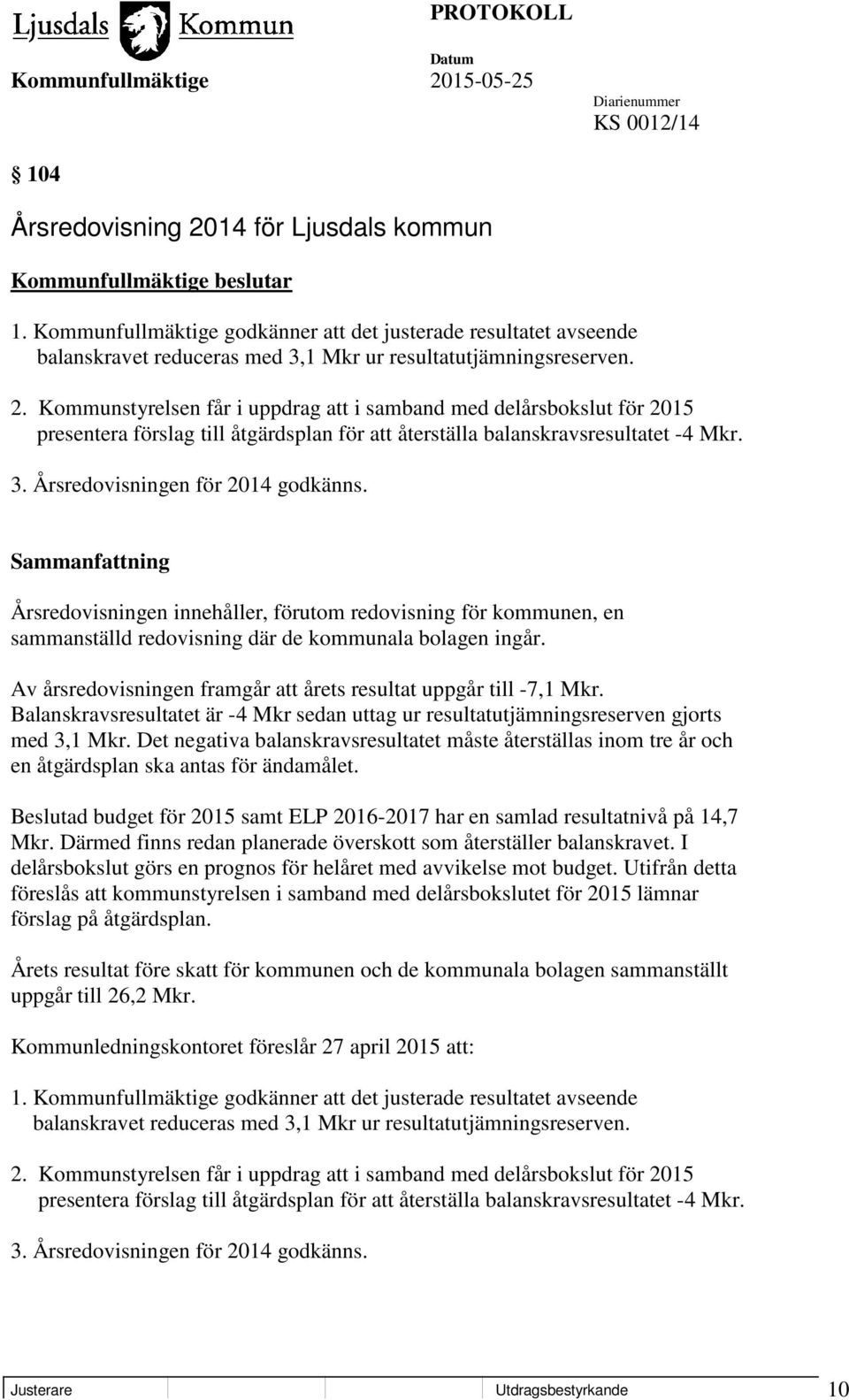 Kommunstyrelsen får i uppdrag att i samband med delårsbokslut för 2015 presentera förslag till åtgärdsplan för att återställa balanskravsresultatet -4 Mkr. 3. Årsredovisningen för 2014 godkänns.